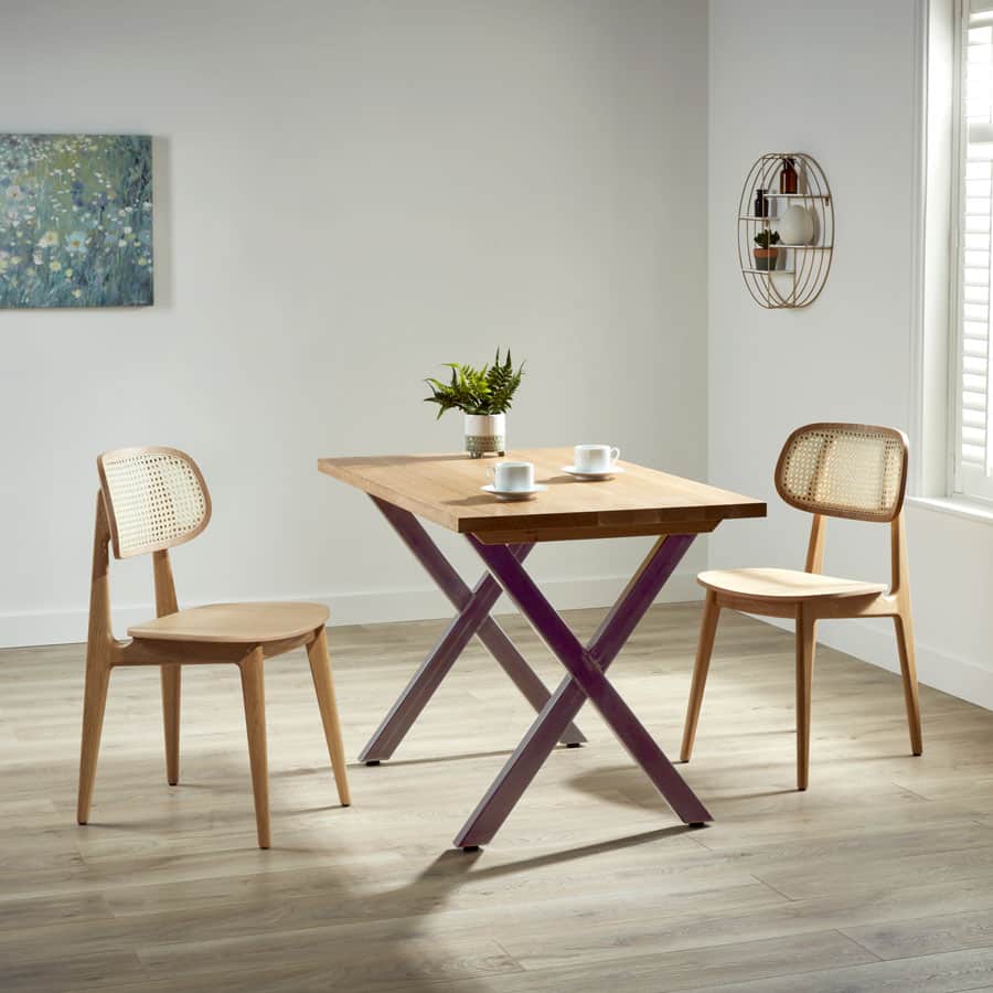 Highcross “X” Dining Table – Clear Frame with Solid Character Oak Top (1200x700x32mm)